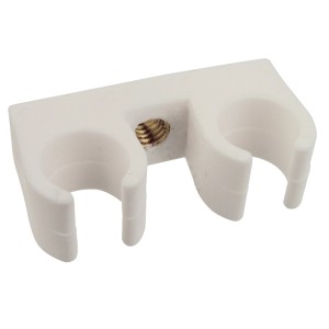 Weißer Kirchhoff Doppel-Rohrclip Ø 12 mm mit M6 Gewindehülse für HT-Rohrschellen.