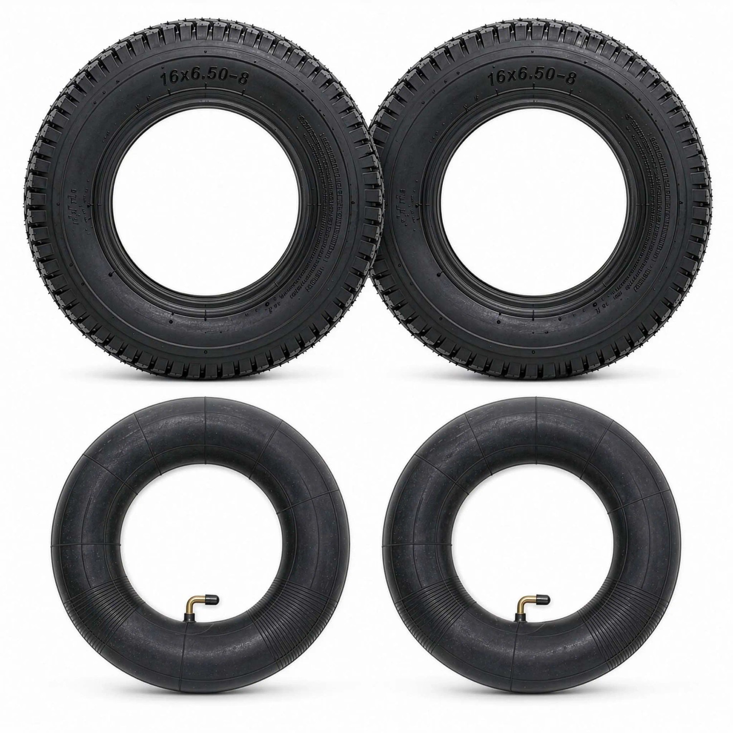 Set aus 2 schwarzen Reifenmänteln und 2 Schläuchen mit Winkelventil für Rasentraktor, Größe 16x6.50-8.
