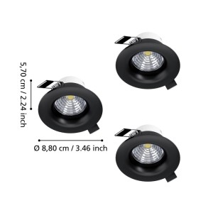 Drei schwarze, runde EGLO LED-Einbauleuchten aus Aluminium, dimmbar, Ø 8,8 cm. Für Deckenmontage.