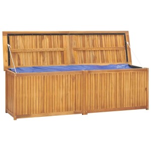Geöffnete Gartenbox aus Teakholz, 175x50x55 cm, zur Aufbewahrung von Gartenzubehör.