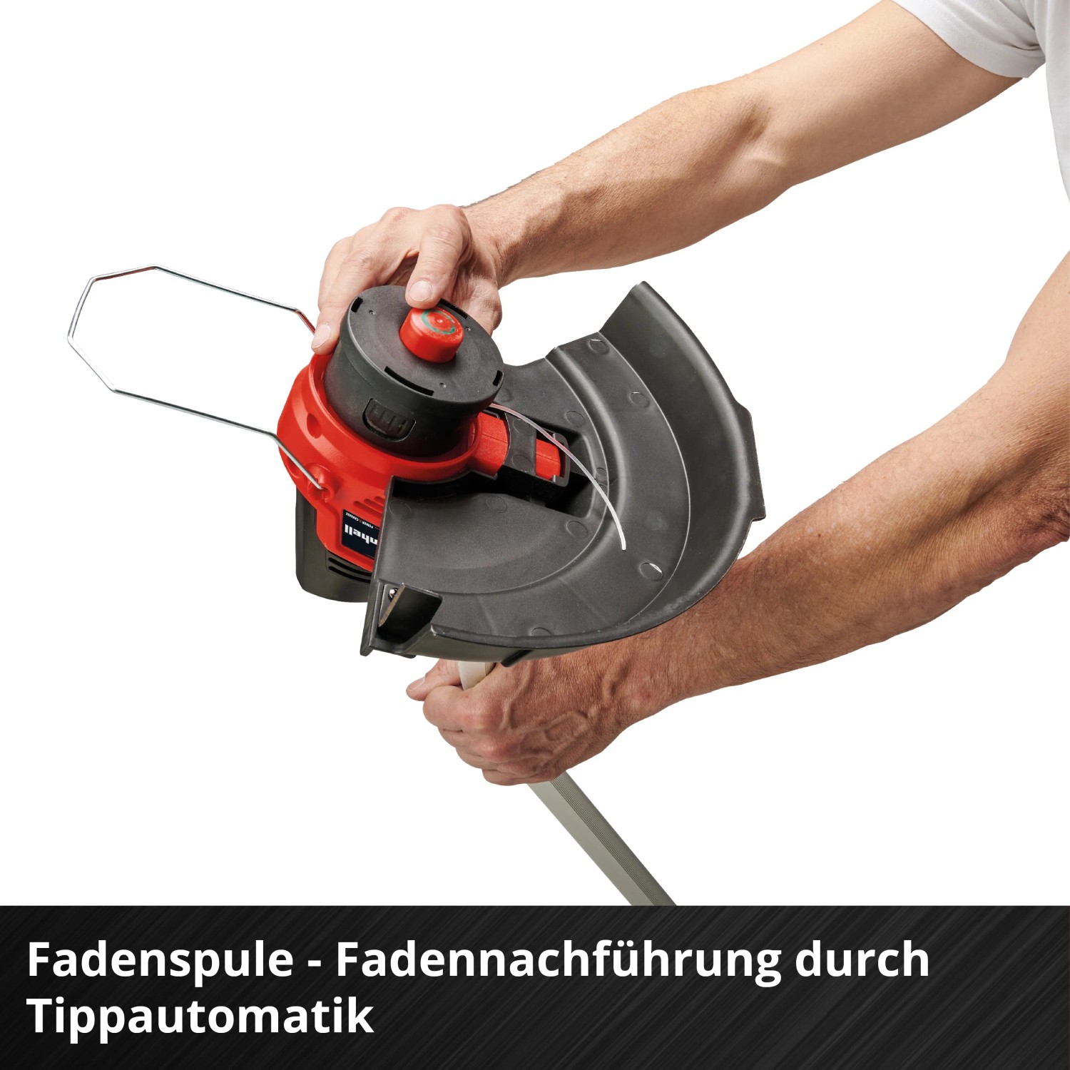 Einhell Akku-Rasentrimmer GE-CT 18/33 Li E-Solo: Detailaufnahme von Fadenkopf und Schutzbügel.