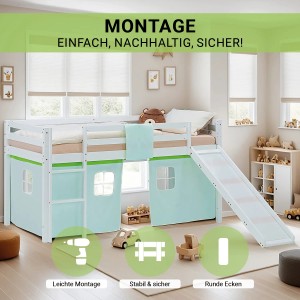 Homestyle4u Kinder Hochbett 90x200 Rutsche Vorhang Grün Kinderbett 2968