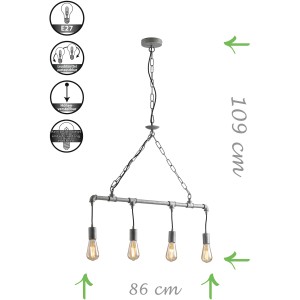 Vierflammige Pendelleuchte Amarcord im Industrie-Design, Zinkfarben, Ø 71 cm.