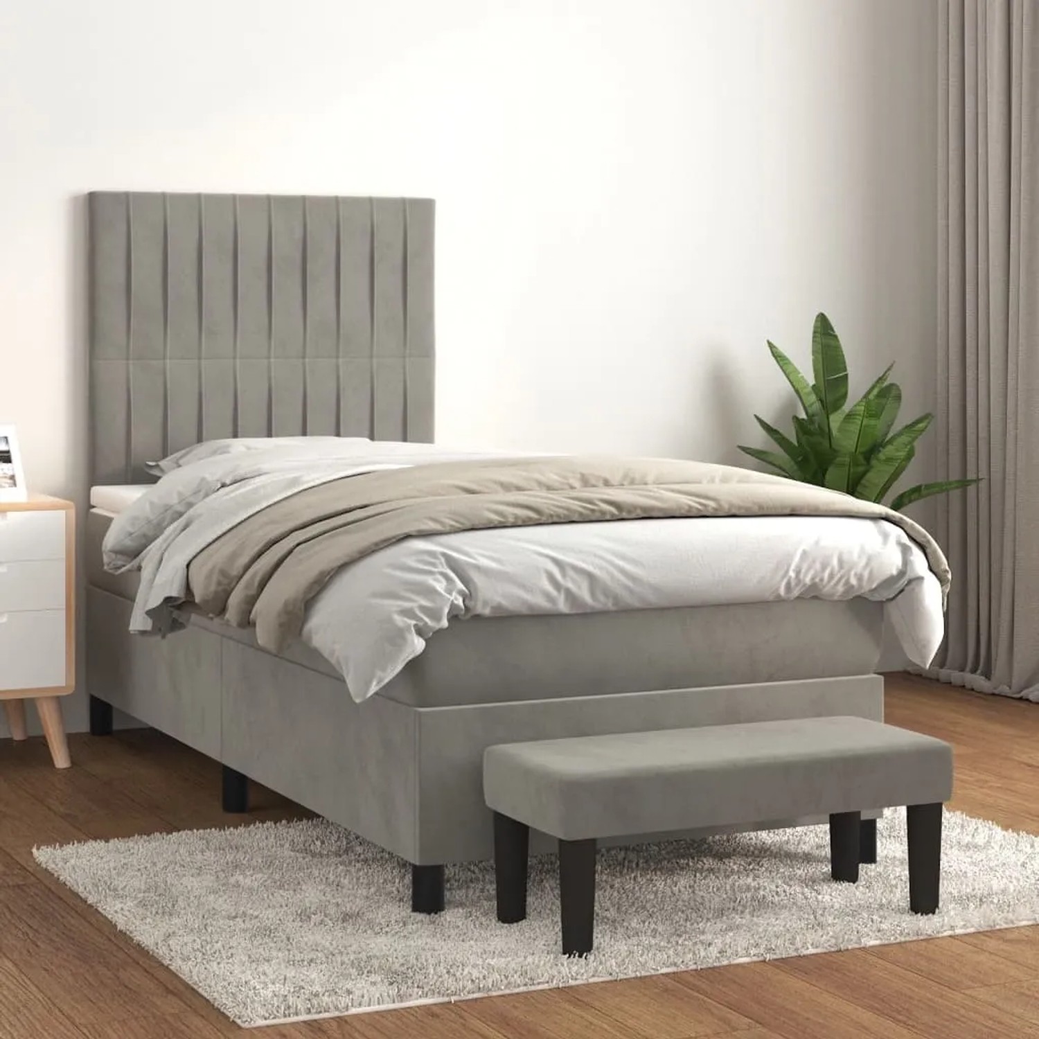 Hellgraues Samt Boxspringbett 80x200 cm mit Matratze und Bank für Schlafzimmer.