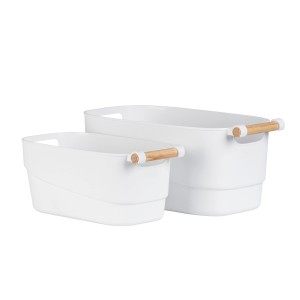 Wenko Organizer, 2 weiße Kunststoffboxen mit Holzgriffen, Badhelfer für mehr Ordnung.
