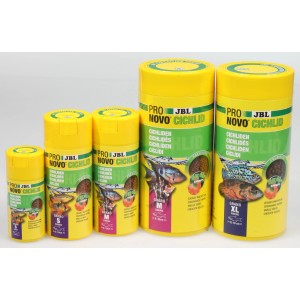 JBL Pronovo Cichlid Grano Fischfutter in verschiedenen Größen, gelbe Verpackung.