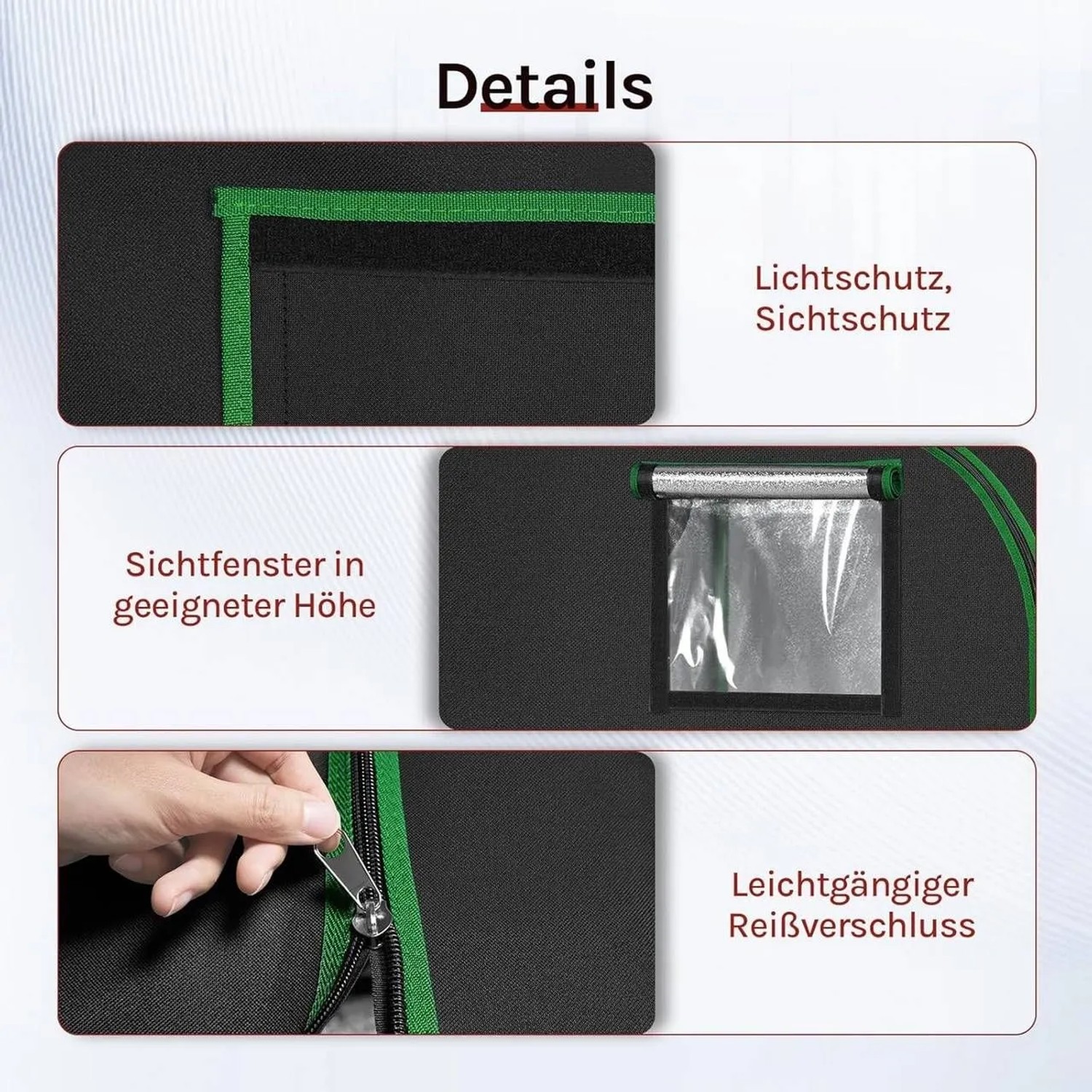 Details des schwarzen WOLTU Indoor Gewächshauses aus Oxford-Gewebe: Fenster, Reißverschluss, Lichtschutz.
