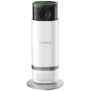 Bosch Smart Home Eyes Innenkamera II in Weiß und Schwarz mit grüner LED-Anzeige.