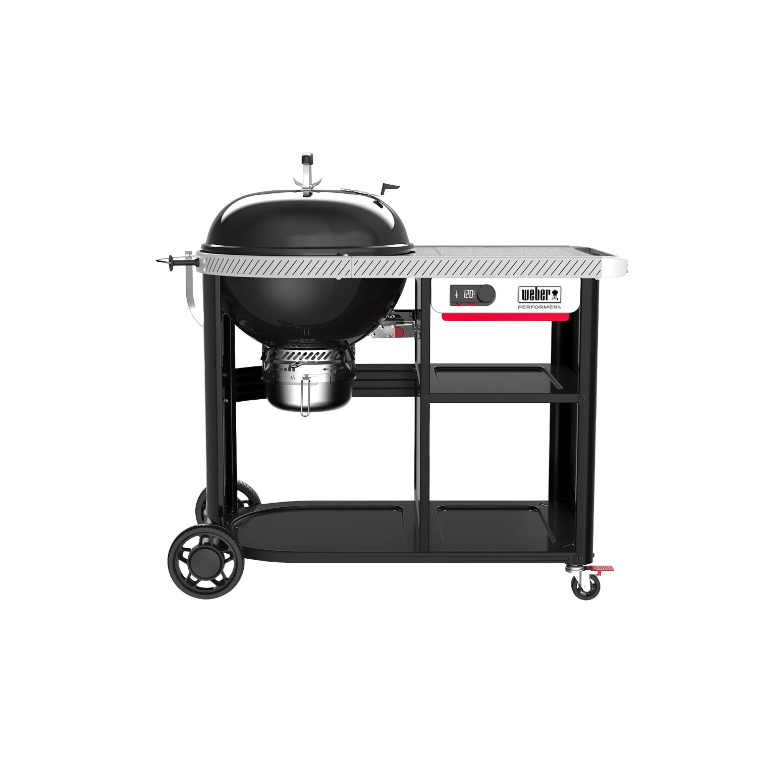 Schwarzer Weber Holzkohlegrill Performer Premium Smart 57 cm mit Seitentisch und Rädern.