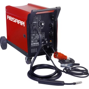 Absaar MAG Schweißgerät 160 A, rotes Gehäuse mit Transportrollen und Zubehör.