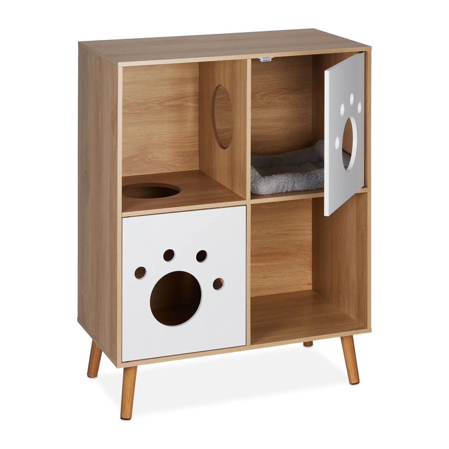 Relaxdays Katzenschrank MDF Kiefernholz Natur Weiß Mit 4 Fächern 96 cm x 75 cm x 40 cm 18,1 kg