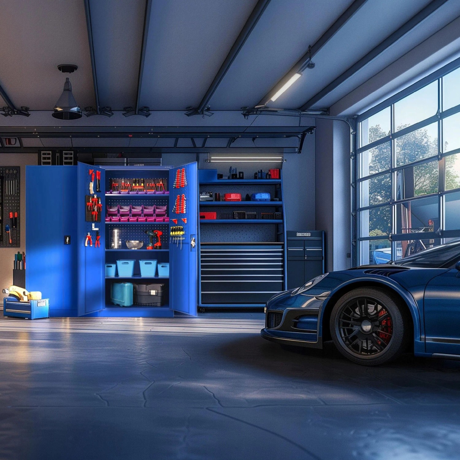Blauer Jan Nowak Werkzeugschrank BRUNO (185x92x50 cm) in Werkstatt mit Werkzeug und Auto.