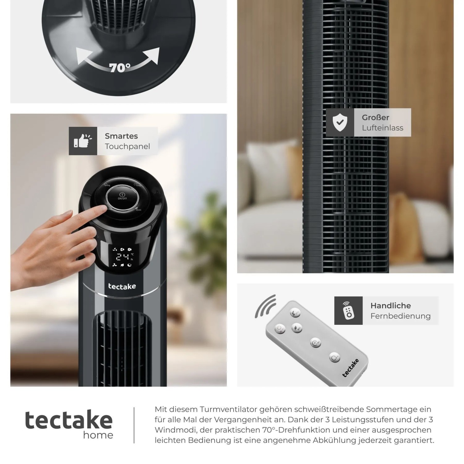 Tectake Turmventilator  Oszillierend 3 Modi und 3 Geschwindigkeitsstufen  31 x 31 x 110 cm Anthrazit_7