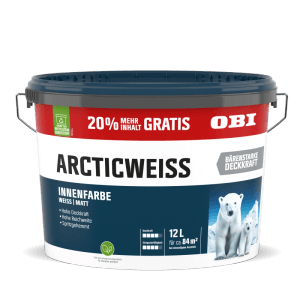 Eimer OBI Wandfarbe Arcticweiss, Weiß, Matt, 12 Liter. Innenfarbe mit hoher Deckkraft.
