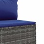 Detailaufnahme: Graues vidaXL Garten-Lounge-Set aus Rattan mit blauen Kissen.