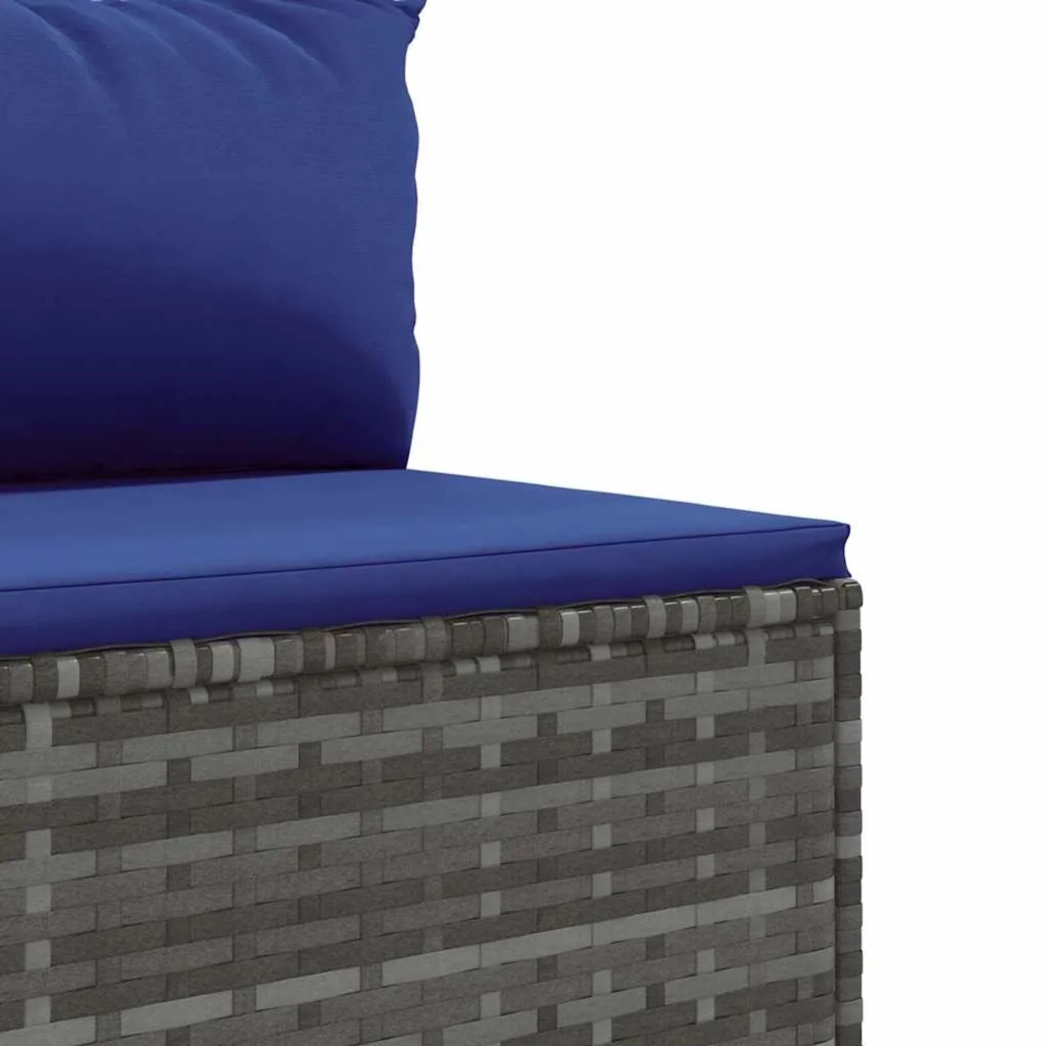 Detailaufnahme: Graues vidaXL Garten-Lounge-Set aus Rattan mit blauen Kissen.