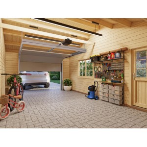 Palmako Garage Roger mit Sektionaltor, lackiert grau-weiß, mit Auto, Fahrrädern und Werkzeugwand.