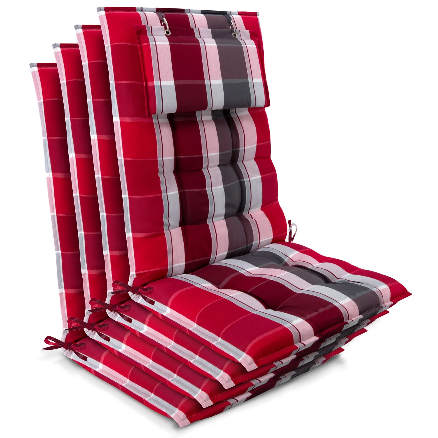 Beautissu 4er Set Sun-HL Hochlehner Auflage 120x50x8cm Rot-Gestreift