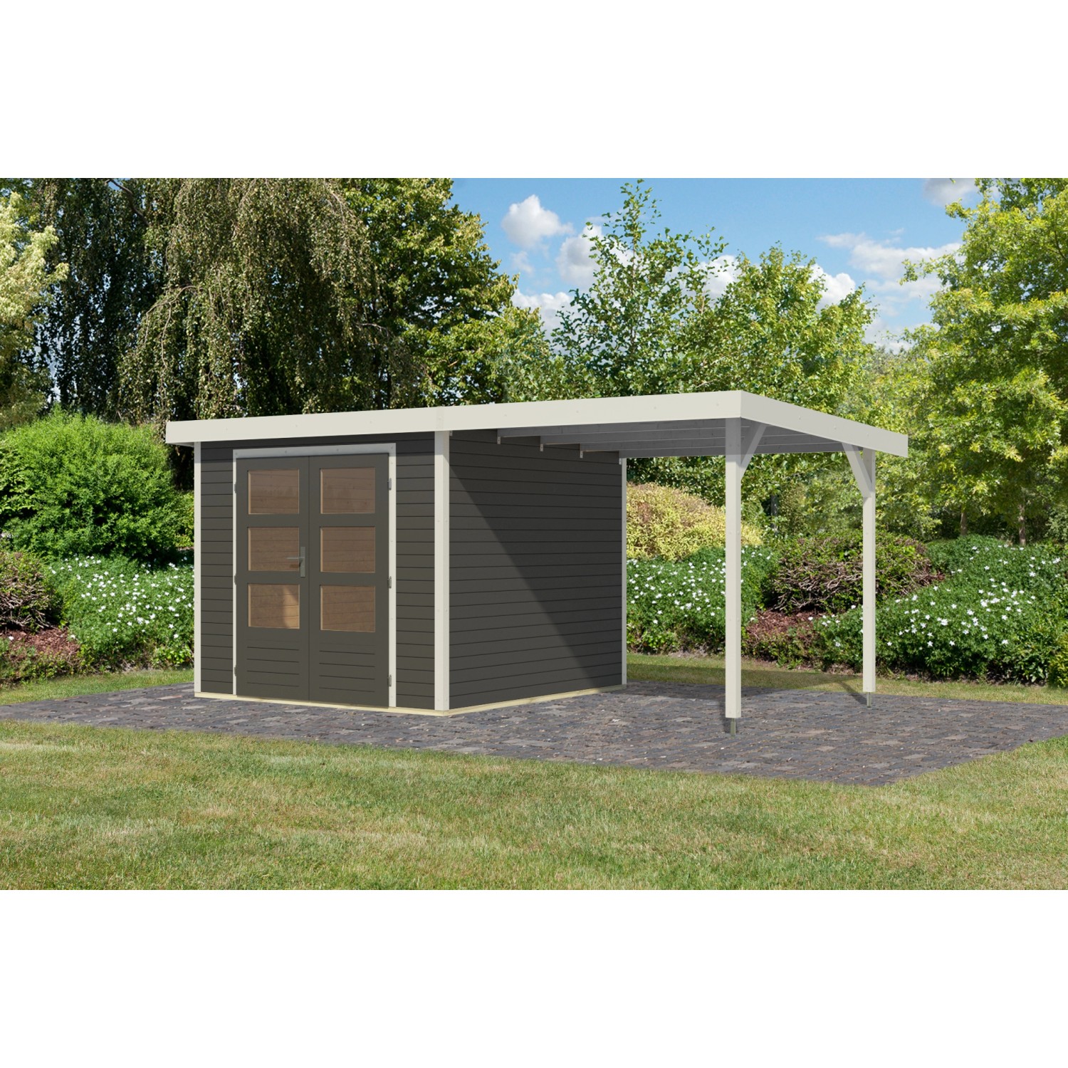 Karibu Gartenhaus Ernesto 3,5 B m. Anbaudach Terragrau/Weiß 209 x 238 x 242 günstig online kaufen
