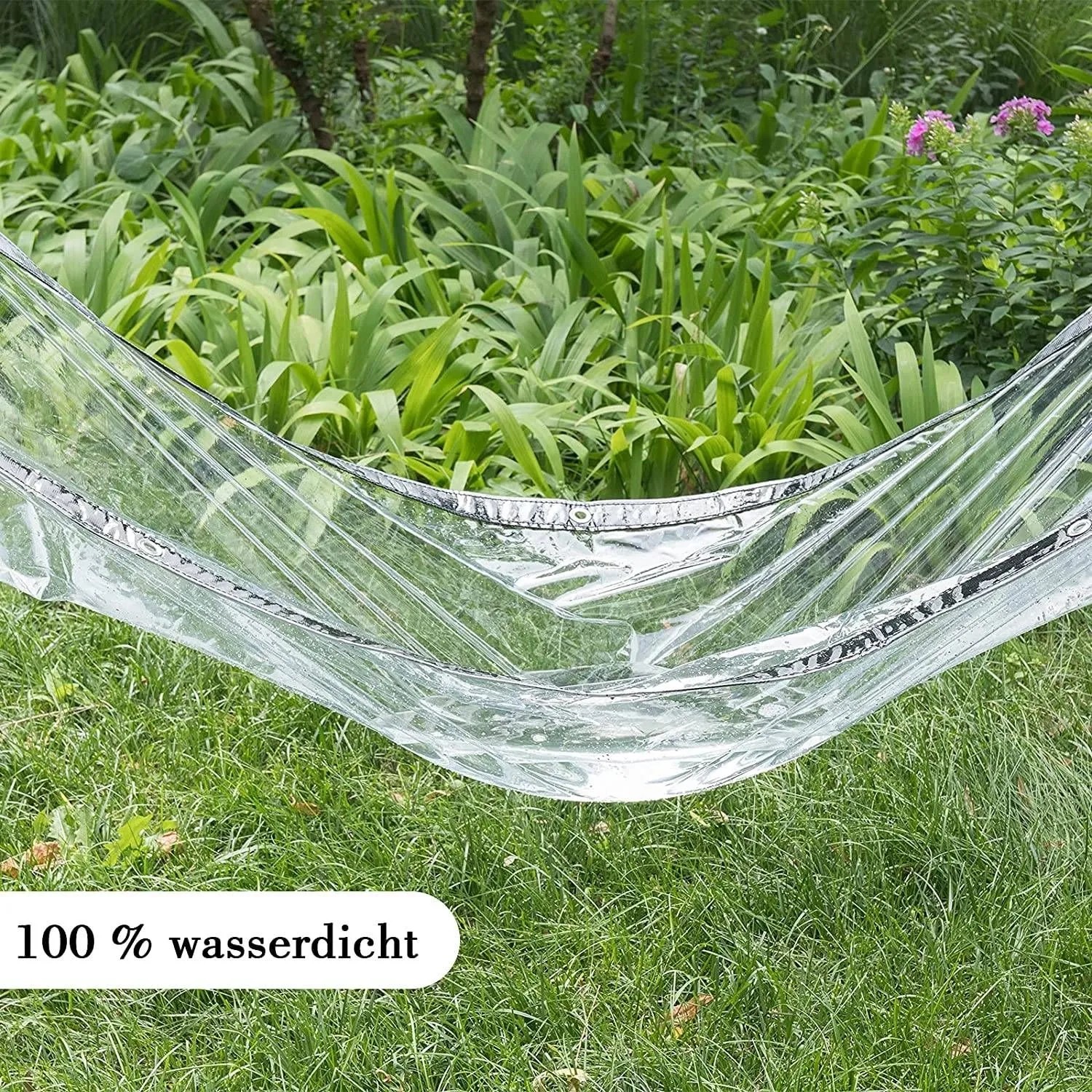 Transparente WOLTU PVC Abdeckplane 2x2m mit Ösen und Seil im Garten.