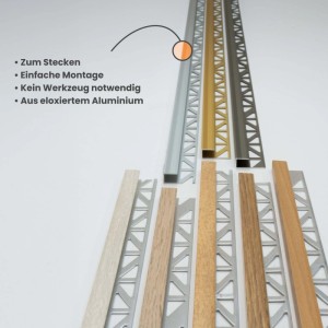 Dalsys Abschlussprofile aus eloxiertem Aluminium in verschiedenen Farben & Holzoptiken für Laminat & Parkett. Einfache Steckmontage.
