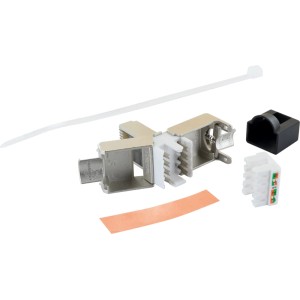 Schwaiger CAT6A Mini RJ45 Netzwerkstecker aus Metall mit Adernklemmblock, Kupferfolie und Kabelbinder für werkzeuglose Montage.