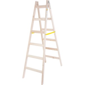 PROREGAL Holz-Sprossen-Stehleiter, 2x6 Sprossen, hellbraun, mit gelber Sicherheitskette.