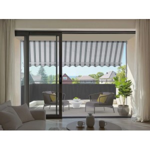 Spettmann Fallarmmarkise Line, weiß/grau, 200x150 cm, am Balkon mit Möbeln.