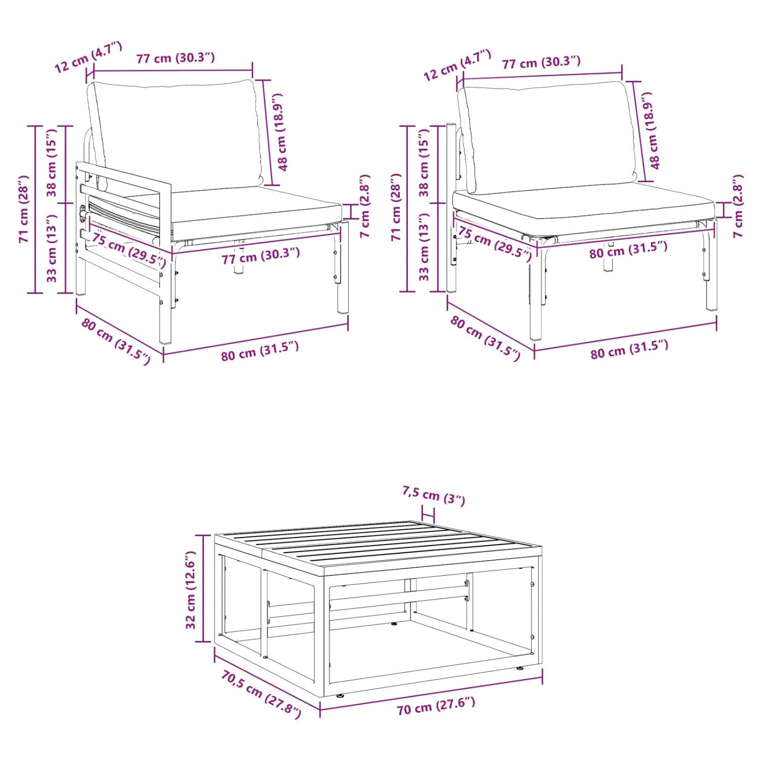 vidaXL Gartenmöbel-Set, 5-teilig, anthrazitfarben, Stahl, mit Sofa, Sesseln und Tisch. Abmessungen sichtbar.