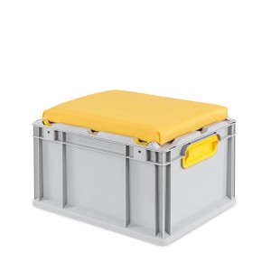 Graue Eurobox Sitzbox mit gelbem Sitzkissen, 20 Liter. Aufbewahrungsbox für Werkstatt, Lager & Transport.