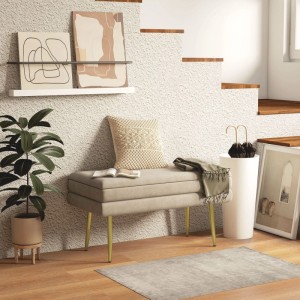 Beige HOMCOM Polsterbank mit Samtoptik, Stauraum und goldenen Beinen. Modernes Skandi-Design, 79x37x43 cm.