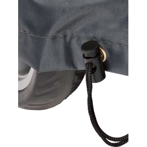 Detailaufnahme: Graue Jamestown Grill-Schutzhülle mit Kordelzug und Stopper. Grillutensil für Wetterschutz.