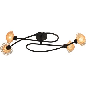 Chromfarbene Näve Halogen-Deckenleuchte Firenze mit vier champagnerfarbenen Glasblüten.