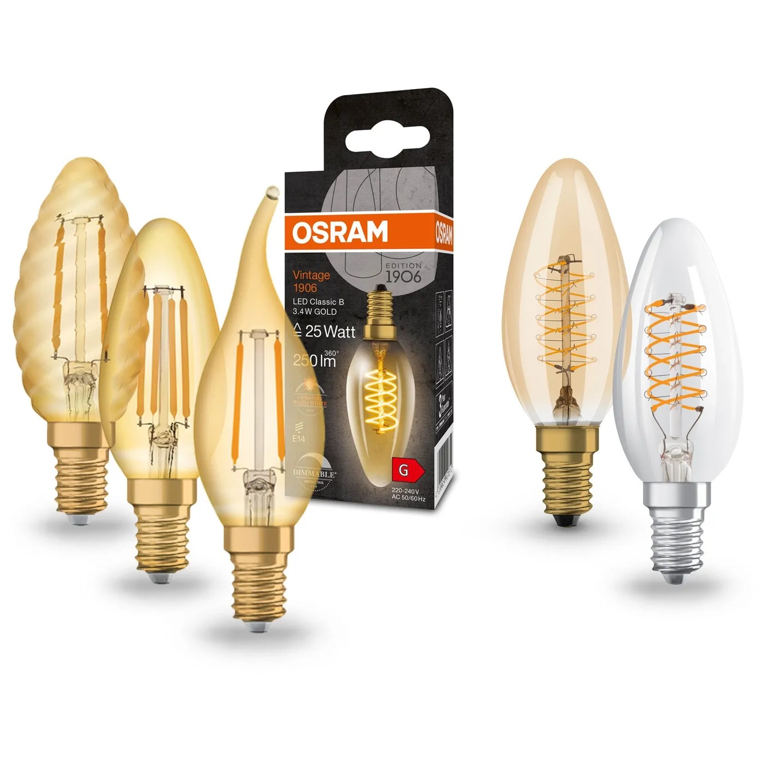 Verschiedene Osram E14 LED-Leuchtmittel in Kerzenform, Vintage Edition. Dimmbar, warmweißes Licht.