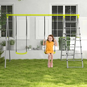 Outsunny Kinderschaukel-Set mit Doppelschaukel und Kletterleiter im Garten.