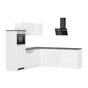 Held Winkelküche Gera, 240 cm, Weiß/Beton, mit E-Geräten und Dunstabzugshaube.