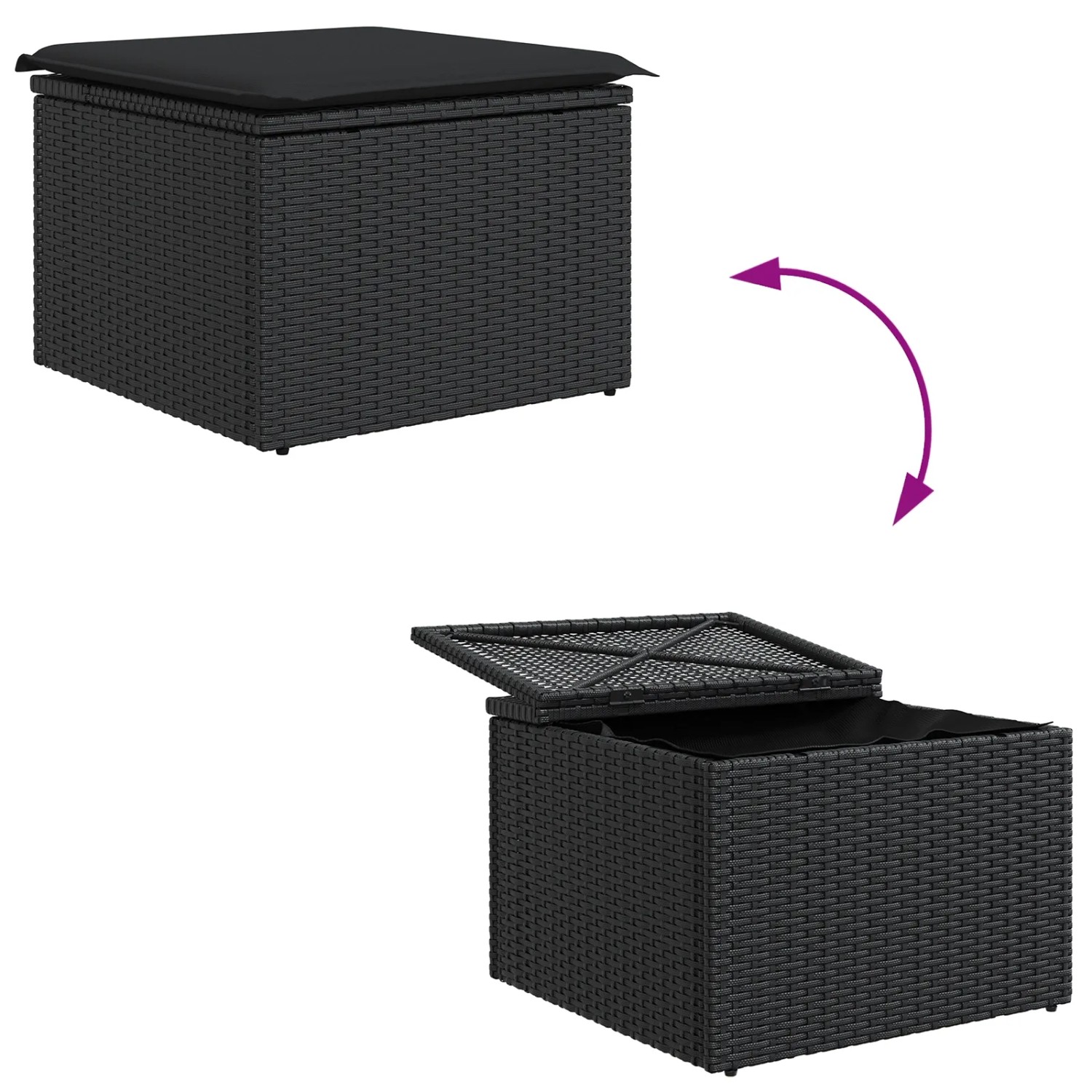 vidaXL Gartenmöbel: Schwarze Poly Rattan Gartenbox mit Kissen, Deckel geschlossen und geöffnet.