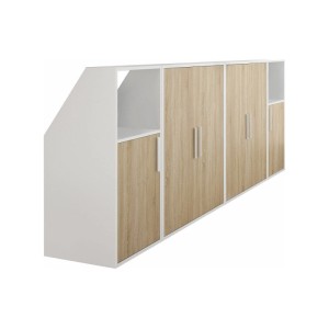 Vente-unique Adezio Schrank für Dachschrägen, weiß und helles Holz, mit Türen und Ablagen.