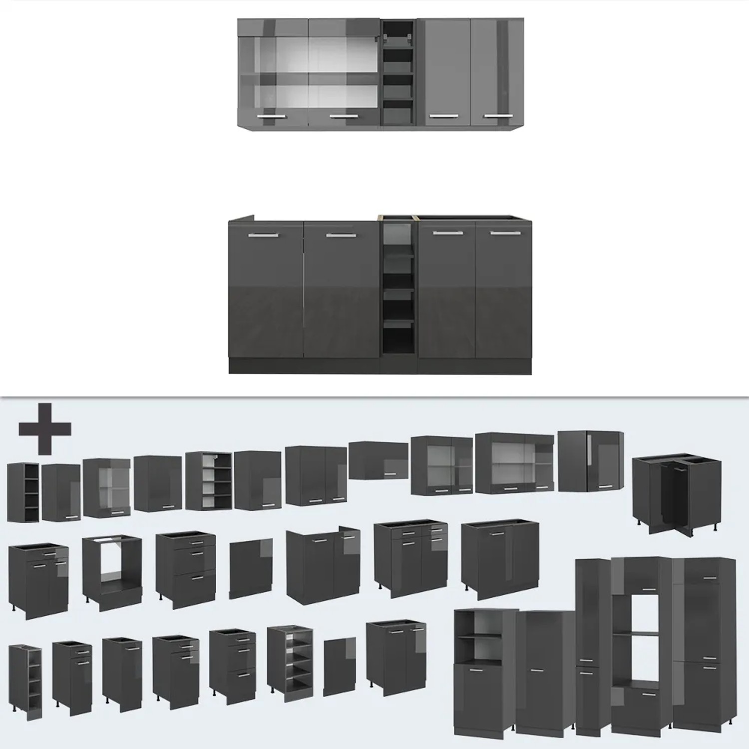 Vicco R-Line Singleküche, Anthrazit Hochglanz, 160cm, mit Eiche Arbeitsplatte und optionalen Modulen.