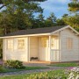 Graues Palmako Susanna Holz-Gartenhaus mit Satteldach und überdachter Fläche im Garten.