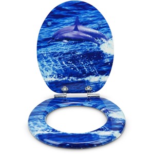 Sanfino WC-Sitz Dolphin: Toilettendeckel aus Holz mit Absenkautomatik und blauem Delfin-Motiv.