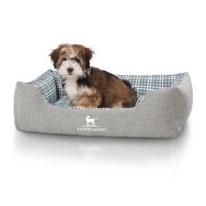 Grau-grünes Knuffelwuff Hundebett Lennard Velours mit Hund im Karo-Muster.