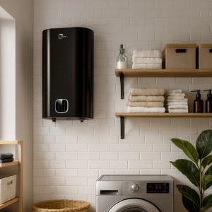 Sannover Kimoro 50L Elektro-Warmwasserspeicher, flach, schwarz, zur Wandmontage.