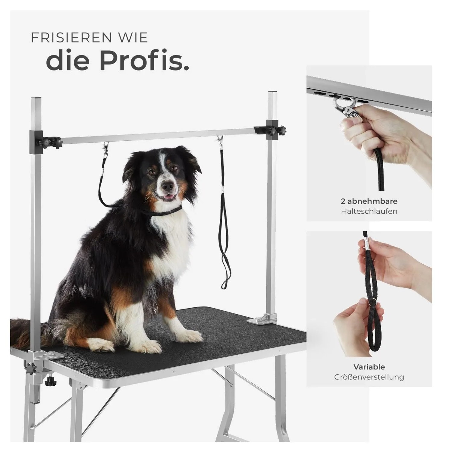 Tectake Trimmtisch mit Hund, Galgen und Schlingen, höhenverstellbar, klappbar, schwarz/silber.