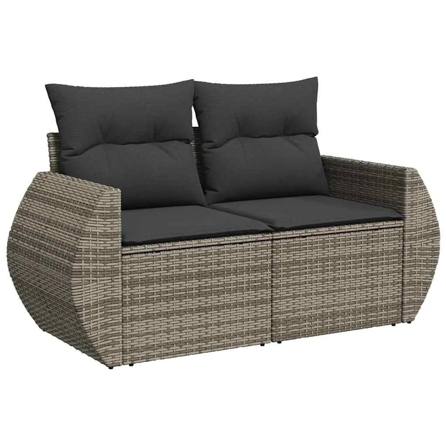 Graue 2-Sitzer Garten-Sofagarnitur aus Polyrattan mit dunklen Kissen. Ideal für Terrasse und Garten.