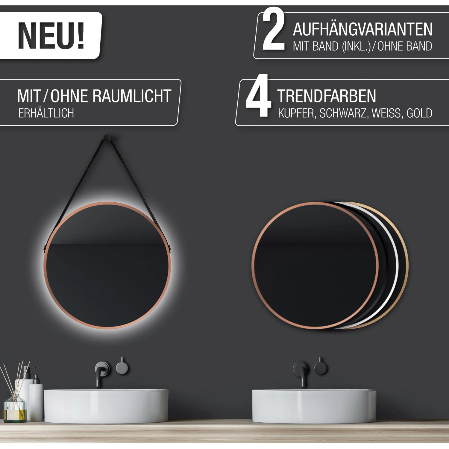 DSK Design Wandspiegel Silver Coiffeur Ø 50 cm Kupfer Rund mit Lederband und LED-Beleuchtung.