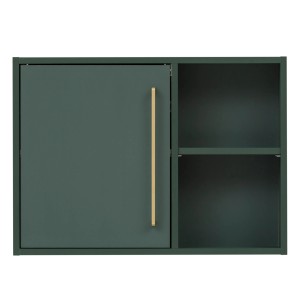 Schildmeyer Hängeschrank Kent O 670 in Waldgrün mit goldfarbenem Griff und Tür sowie zwei offenen Fächern.