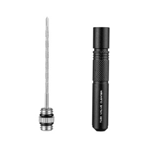 Topeak Tubi Valve Cleaner: Schwarzes Aluminiumgehäuse mit silbernem Edelstahl-Werkzeug zur Reinigung und Wartung von Fahrradventilen.