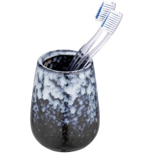 Blauer Wenko Zahnputzbecher Rosali Drop aus Keramik mit zwei Zahnbürsten.