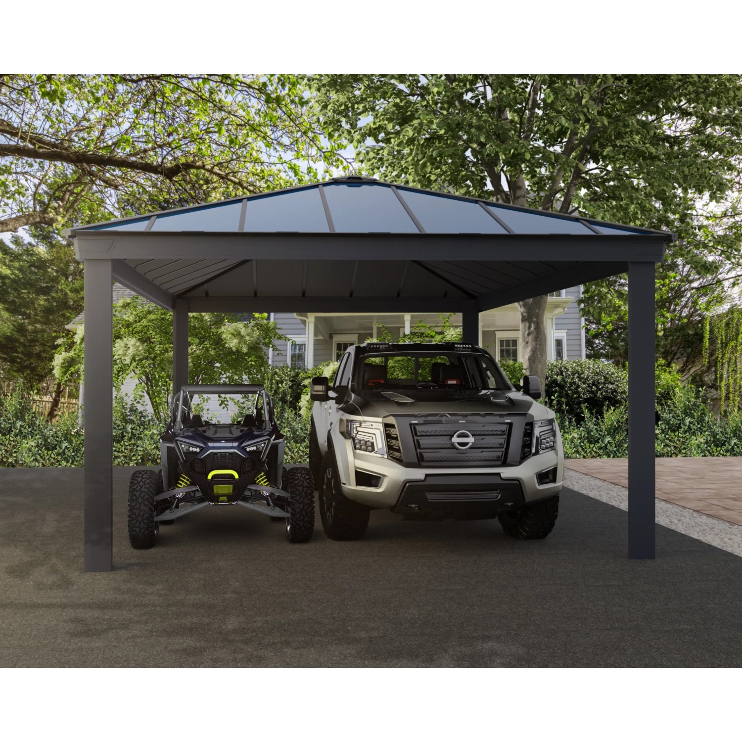 Grauer Palram Canopia Carport Colorado (612x426cm) mit zwei Fahrzeugen.